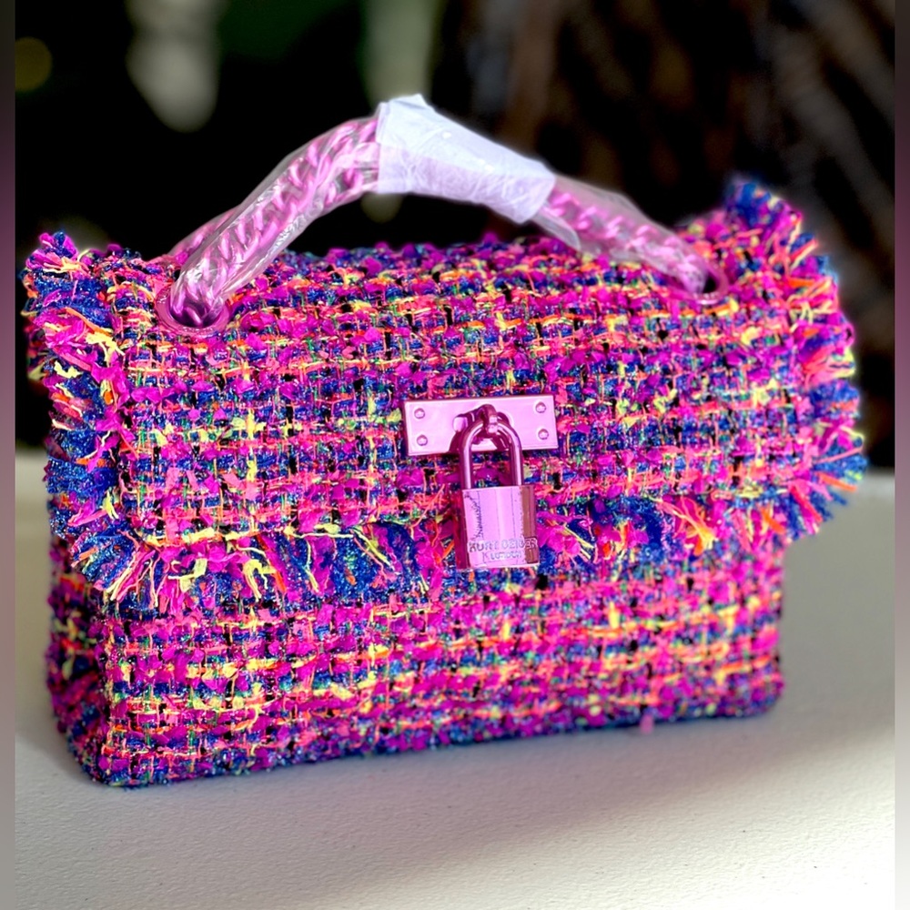 KURT GEIGER Brixton SHIMMERY Tweed MINI crossbody bag pink